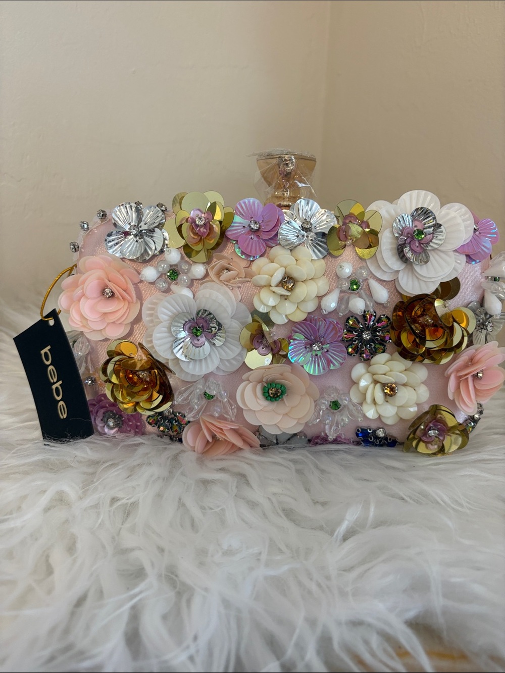 NWT Bebe Pink Daisy Floral Embellished Clutch & Crossbody Bag